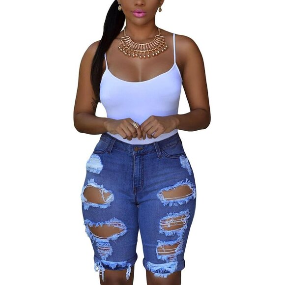 Women's Ripped Denim Bermuda Shorts Mid Rise Stretchy Casual Fashion